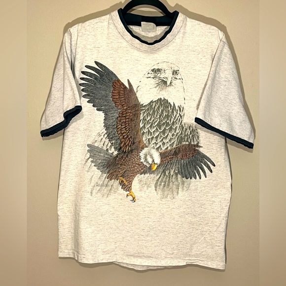 Vintage 90's Hazelwoods Size Large T Shirt Bald Eagle Made In USA Gray (G) - Picture 1 of 15